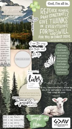 a collage with words and pictures on it, including mountains, trees, and clouds