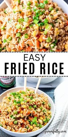 easy fried rice in a bowl with chopsticks