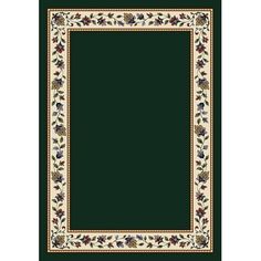 a green area rug with white border and floral design on the bottom, in front of a