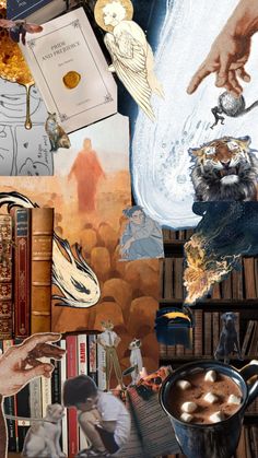 collage of books and artwork with hands reaching for an object