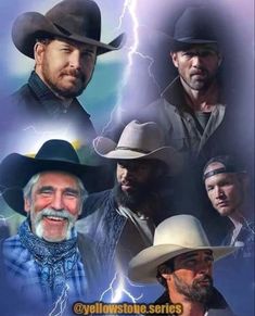 four men wearing cowboy hats and one with a beard in front of a lightning background