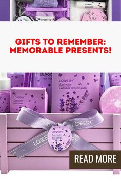 a purple box filled with personal care items and the words, gifts to remember memorable presents read more