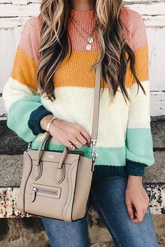 If you're looking for a knitwear, round neck sweater look no further than this! Our colorful sweater will add an instant style upgrade to your closet. Pull Mohair, Mohair Sweater, Round Neck Sweaters, Knit Fashion, Looks Vintage, Outfit Idea, Stripe Sweater, Amazing Things