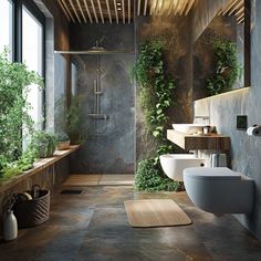 a bathroom that has plants growing on the walls and floor, along with two sinks