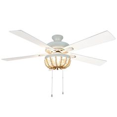 a white ceiling fan with two lights on it's blades and a chandelier hanging from the ceiling