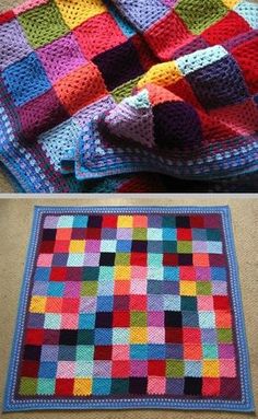 two pictures with different colored squares on the floor and one has a crocheted blanket