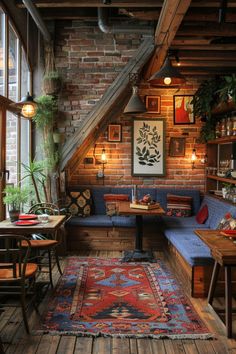 a living room filled with lots of furniture and decor on top of a wooden floor