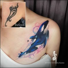 a woman with a tattoo on her shoulder and an orca whale in the back