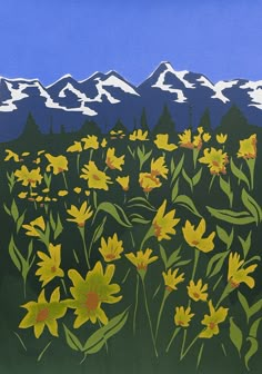 a painting of yellow flowers with mountains in the background