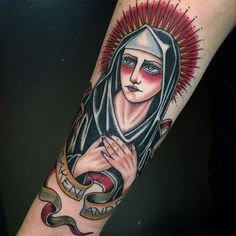 Nun Tattoo, Virgin Mary Tattoo, Rosary Tattoo, Mary Tattoo, Tattoo Apprenticeship, Occult Tattoo, Ancient Tattoo, Religious Tattoo, Tattoo Traditional