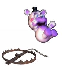 a purple and white object is being held by a chain