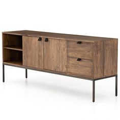 the sideboard is made from wood and has two drawers on each side, one door open