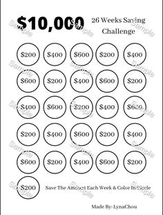 the $ 10 00 week savings worksheet is shown in black and white, with numbers