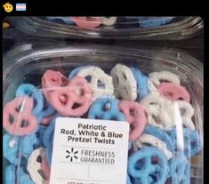 plastic red, white and blue pretzel twists are for sale in a store