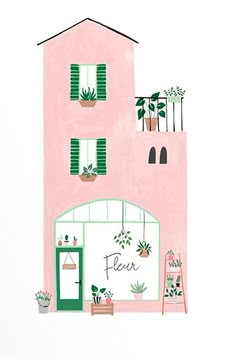 a pink building with green shutters and potted plants