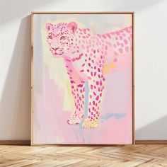 a painting of a pink leopard on a white wall next to a wooden floor in an empty room