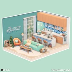 an image of a living room and kitchen in the game sims nnvyna