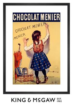 an advertisement for chocolate menier with a girl holding her hands up