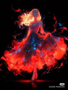 a woman in a long dress with red and blue flames