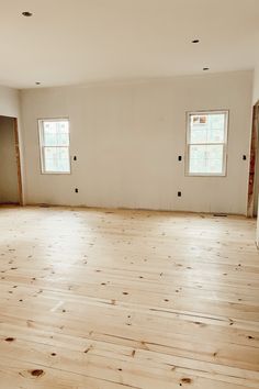 an empty room with wood floors and two windows