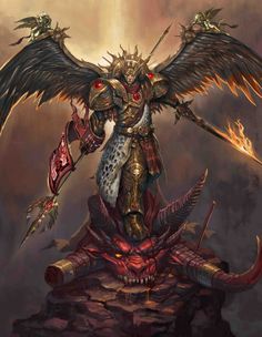 a painting of a demon with wings and armor on top of a rock, holding two swords