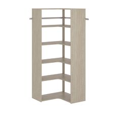 PRICES MAY VARY. Includes six 30x30-inch corner shelves, two 72-inch-high vertical panels, two steel rails and installation hardware. Kit is 84-inches high when installed. Wall-mounted system hangs on a steel track, keeping everything up and off the floor. Easy, do-it-yourself installation, with all necessary hardware included. Durable thermally fused laminate surface. Item ships in four individual boxes. Closet Storage Solutions, Corner Closet Organizer, Wood Closet Systems, Corner Closet, Wood Closet, Storage Solutions Closet, Closet Kits, Closet Shoe Storage, Closet Organizing Systems