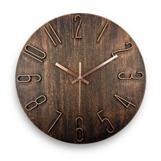 a wooden clock with numbers on the face