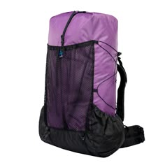 a purple and black backpack with mesh on the front, zippered pocket at the bottom