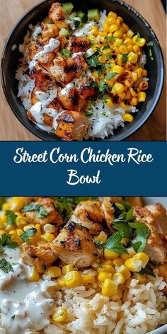 chicken rice bowl with corn and cilantro garnishes on the side