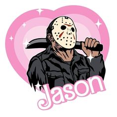 a person wearing a mask holding a baseball bat in front of a heart with the word jason on it