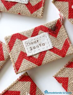 red and white chevroned burlap tags with the words don't sew on them