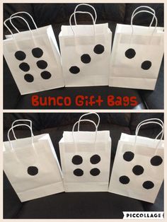 six bags with black dots on them and the words, bunco gift bags written in red