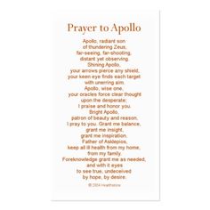 an orange and white bookmark with the words prayer to apollo