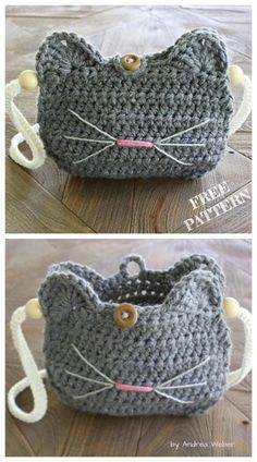 crocheted cat purse made with yarn and buttons on the front, side and back