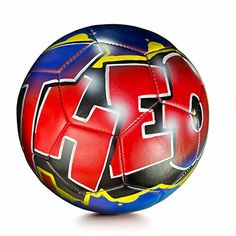 a red and blue soccer ball with the letter ef on it's side