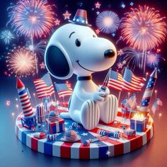 a cartoon dog sitting on top of a table with fireworks and american flags in the background