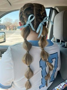 Two Braids Into Bubble Braids, Dutch Braid To Pigtails, French Braid Softball Hair, Bubble Braid Pictures, Cheer Hairstyles Bubble Braids, Bubble Braids Sports, Bubble Braid Sports Hairstyles, French Braids Into Bubble Braids, Bubble Braid Softball