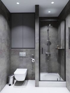 a bathroom with a walk in shower next to a toilet