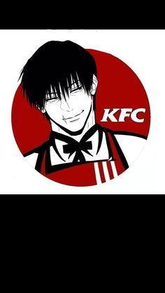 an anime character with black hair wearing a red shirt and bow tie, standing in front of a kfc logo