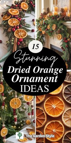 oranges and christmas decorations with text overlay that reads 15 stunning dried orange ornament ideas