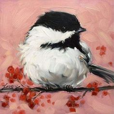 a painting of a black and white bird sitting on a branch with berries around it