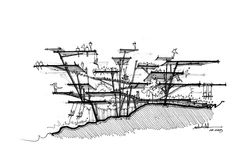 a drawing of a building with many wires attached to the top and bottom part of it