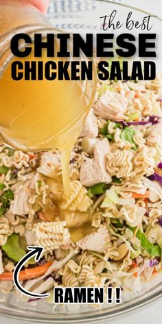 the best chinese chicken salad is being poured with dressing