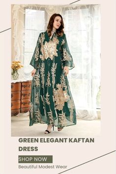 Beautiful Emerald Green and Gold Kaftan Dress 😍 perfect for eid, or any occasion. Modest Wear. #fashion #greenkaftandress #greenabaya Dubai Kaftan Dress, Muslim Women Clothing, Tulle Long Dress, Long Fall Dresses, Long Sleeve Embroidered Dress, Arabic Dress, Moroccan Kaftan, Moroccan Caftan, Gauze Dress