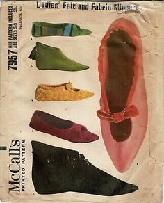 SLIPPERS Felt or Fabric BOOTIES Soft Shoe McCALL'S 7957 Vtg 1965 Sewing Pattern  | eBay