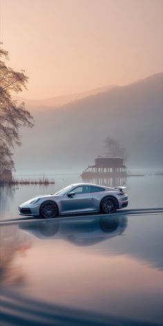 a silver sports car parked in front of a body of water