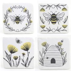 four square coasters with bees and flowers on the front one has a beehive