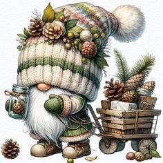 a painting of a santa clause pulling a wagon filled with pine cones and other christmas decorations