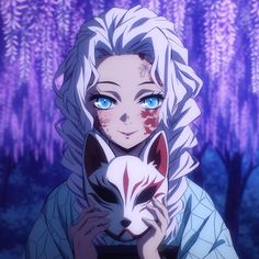 an anime character holding a white wolf in front of purple trees with blue eyes and long hair