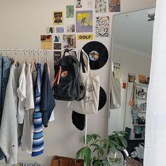 a room with clothes hanging on the wall, and a plant in front of it